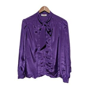 Vintage 80s Silky Bow Blouse Puff Sleeve Pleated Purple Ecco Bay M/L B 43